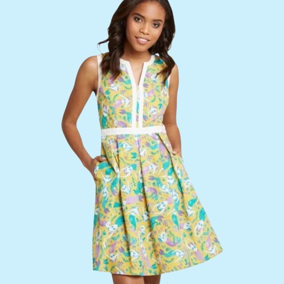 MODCLOTH 100% Cotton Shell & Lining Yellow Purple Mermaid Dress Fit & Flare Sz L - Picture 1 of 13